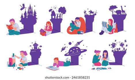 Cute children reading or playing with toys. Kids imagines heroes of stories and fairy tales. Vector flat illustration. Cartoon space, fairy, Dragon, princess, castle, safari, wild animals inspiration