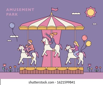 Cute children are riding on a merry-go-round. flat design style minimal vector illustration.