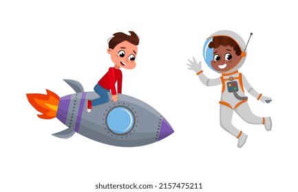 Cute children riding rocket and floating in outer space cartoon vector illustration