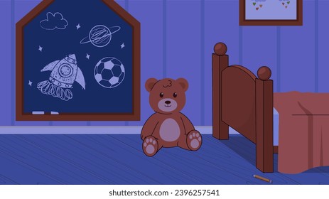Cute children room. Adorable baby bedroom with bed, teddy bear and drawing board. Colorful background with interior at night. Space for sleep and relaxation. Cartoon flat vector illustration