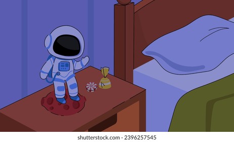Cute children room. Background with kid bedroom interior with furniture and decor at night. Banner with bed, pillow, astronaut toy and candies on bedside table. Cartoon isometric vector illustration