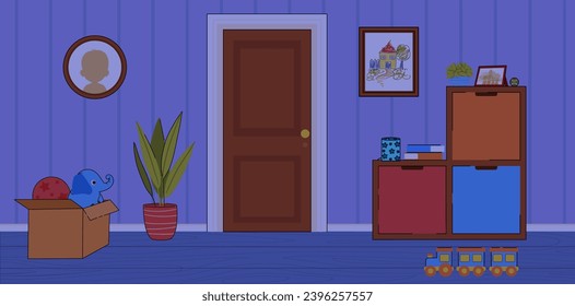 Cute children room. Banner with kids bedroom at night or evening. Interior design of room for baby with toys, wooden furniture and door, plants and paintings on wall. Cartoon flat vector illustration