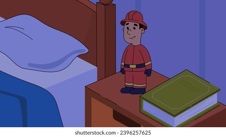 Cute children room. Colorful background with bed for relaxing and sleeping, soft pillow, book and children toy on wooden bedside table. Baby bedroom interior. Cartoon isometric vector illustration