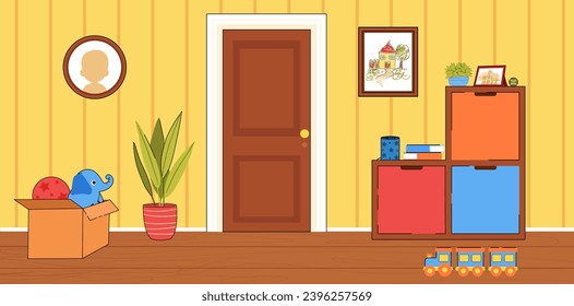 Cute children room. Colorful banner with kid bedroom interior with yellow walls, toys, wooden furniture and decorative elements. Stylish apartment. Design for game. Cartoon flat vector illustration