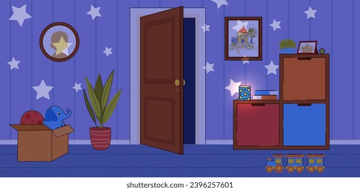 Cute children room. Colorful banner or background with cozy baby bedroom with open wooden door, star lamp, toys and decorative elements in evening lighting. Cartoon flat vector illustration