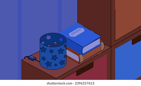 Cute children room. Colorful banner or poster with wooden cabinets, turned off lamp and books in childrens room at night. Interior of cozy kids bedroom. Cartoon isometric vector illustration