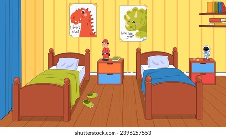 Cute children room. Colorful kids bedroom with two cozy beds, decorative posters, toys, books and bedside table. Apartment interior with furniture. Cartoon flat vector illustration