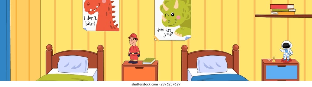 Cute children room. Colorful panorama with beautiful illuminated toddler bedroom with two beds, wooden furniture, books, toys and decorative posters on wall. Cartoon flat vector illustration