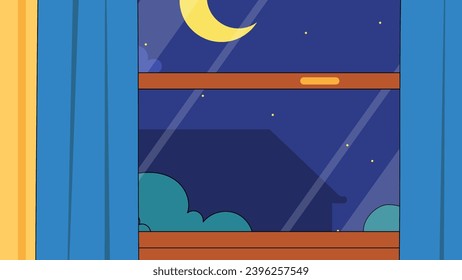 Cute children room. View from wooden window to night cloudy sky with moon and stars. Interior of kid bedroom with blue curtains and bright wallpaper on wall. Cartoon flat vector illustration