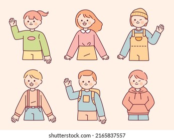 Niños con caras redondeadas y corteses llevan un estilo casual. Están saludando. ilustración simple del vector de esquema.