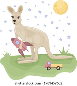 Cute children s illustration. A cheerful kangaroo sits on a green lawn with toys and a rocket in its paws, as well as with the moon and stars in the sky. Children s print illustration, vector.