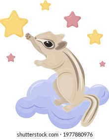 Cute children s illustration, a chipmunk sitting on a cloud, reaching for a star in the sky. Cute fairy-tale animal Gopher. A bright illustration of a squirrel for children s prints . Vector.