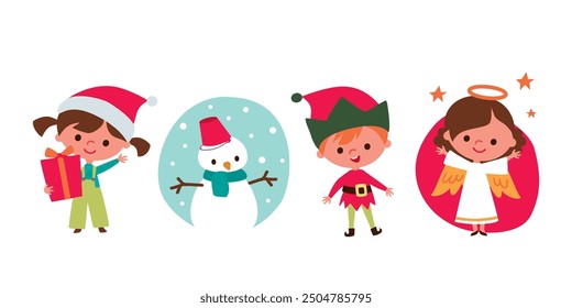 Cute children and Santa elves. Children in festive costumes. Baby angel.  Kids with christmas accessorizes and gifts. Snowman with scarf.