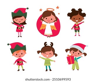 Cute children and Santa elves. Children in festive costumes. Baby angel.  Kids with christmas accessorizes and gifts.