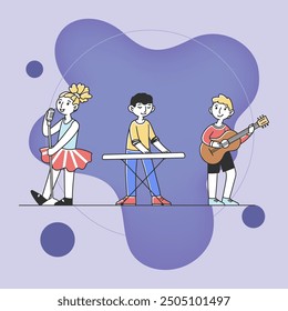 Cute children at school concert vector illustration. Cartoon young musicians playing musical instruments and singer singing on party. Entertainment, performance and hobby concept