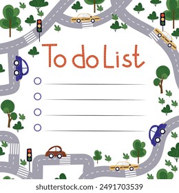 Cute children school to do list with cars, road and green trees. Vector boy illustration in cheerful cartoon style and back to school concept. For kids notes, office and school organizations.