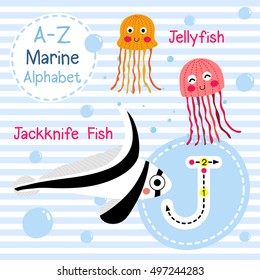 Cute children sea alphabet flashcard of funny marine animal cartoon J letter tracing for kids learning English vocabulary. 