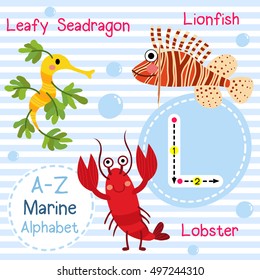 Cute children sea alphabet flashcard of funny marine animal cartoon L letter tracing for kids learning English vocabulary. 