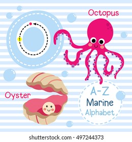 Cute children sea alphabet flashcard of funny marine animal cartoon O letter tracing for kids learning English vocabulary. 