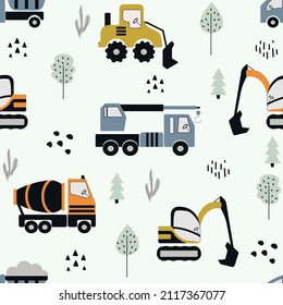 Cute children seamless pattern of construction machinery. Cartoon hand drawn transport. Vector print with excavator, bulldozer, crane, dump truck. Toy cars helpers.