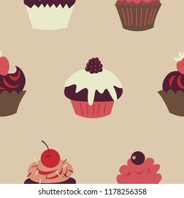 Cute children seamless pattern with a cupcakes and fruits