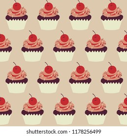 Cute children seamless pattern with a cupcakes and cherries