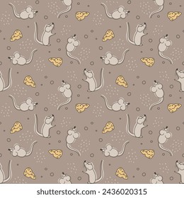 cute children seamless pattern with doodle mouse and cheese pieces
