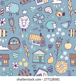 Cute children seamless pattern with farm elements like sheep, houses, wheat, clouds, flowers, rain drops