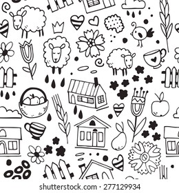 Cute children seamless pattern with farm elements like sheep, houses, wheat, clouds, flowers, rain drops