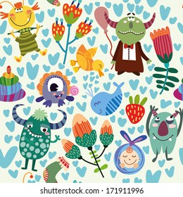 Cute children seamless pattern with monsters and flowers. Seamless pattern can be used for wallpaper, pattern fills, web page background, surface textures.