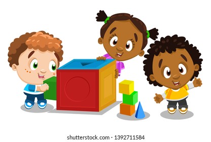 Cute children select matching shape and color for cube. Multiracial boys and girl playing, studing geometric forms. Early childhood education. Vector cartoon illustration isolated on white background