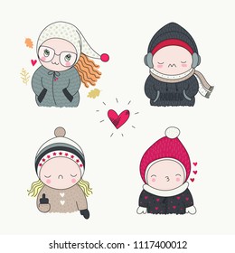 A cute children, set of hand drawn characters with different emotions, cartoon art, vector illustration. Boys and girls in funny beanies, mittens, jackets and coats, autumn leaves.