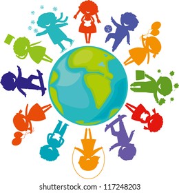 Cute children silhouettes around the World. Earth Planet with colored children silhouettes.