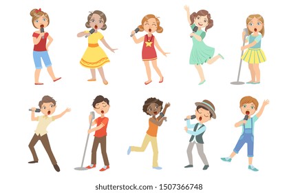 Cute Children Singing with Microphones Set, Boys and Girls Performing on Stage Vector Illustration