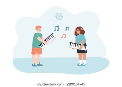 Cute children singing and playing portable keyboards. Boy and girl learning musical instruments flat vector illustration. Childhood, entertainment, music, hobby concept for banner, website design