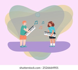 Crianças bonitas cantando e tocando teclados portáteis. Menino e menina aprendendo instrumentos musicais ilustração vetor plana. Infância, entretenimento, música, conceito de hobby para banner, design de site