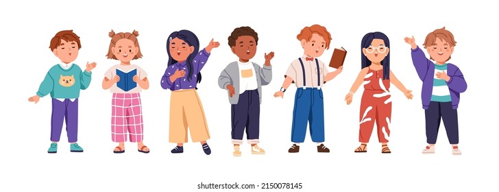 Cute children singing song together. Little kids singers in choir. Diverse vocal talented girls and boys group chorus from music school. Flat vector illustrations isolated on white background