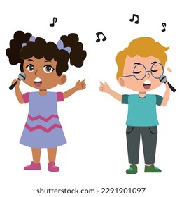 Cute children singing song together. Flat vector illustrations isolated on white background.