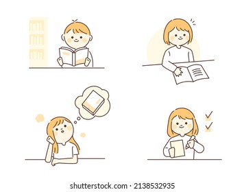 Cute children sitting at the desk and studying. outline simple vector illustration.