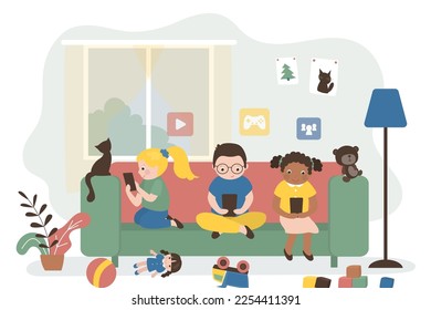 Cute children sitting on sofa and use smartphones. Preschoolers with mobile phones, cyber addiction. Multiethnic kids uses cell phones and not play toys. Communication, chats, games and videos. vector