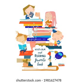 Cute children sitting on stack of book. Vector illustration