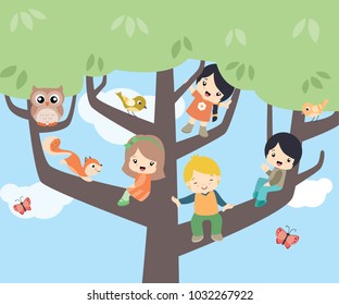 Cute Children Sitting on Trees Spring Vector Flat Illustration