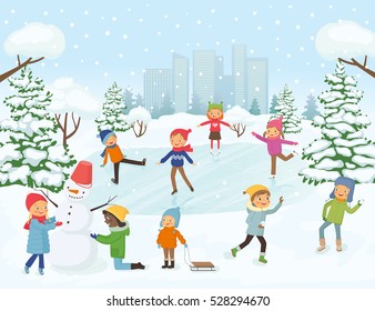 Cute children are skating, making a snowman, play snowballs on snow background city