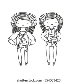 Cute children sketch with a cartoon vector fashion girls