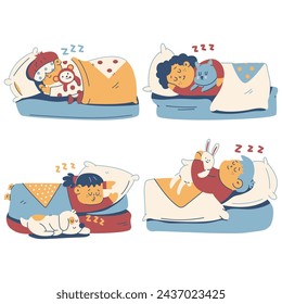 Cute children sleep in bed vector cartoon illustrations set isolated on a white background.