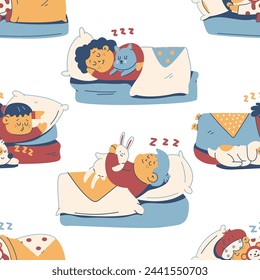 Nette Kinder schlafen im Bett Vektor Cartoon nahtlose Muster Hintergrund für Tapete, Verpackung, Verpackung und Hintergrund.