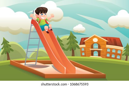 CUTE CHILDREN SLIDE IN FRONT OF SCHOOL