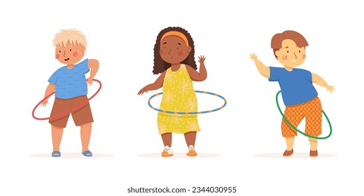 Cute children spinning a hula hoop. Multiculturalism and diversity. Girl and two boys. Vector illustration. Summer activities. Children playing outside. Funny character. Isolated on a white background