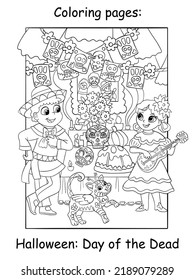 Cute children stand at the festive table at the Day of the Dead holiday in Mexico. Halloween concept. Coloring book page for children. Vector cartoon illustration. For print, decor, education and game