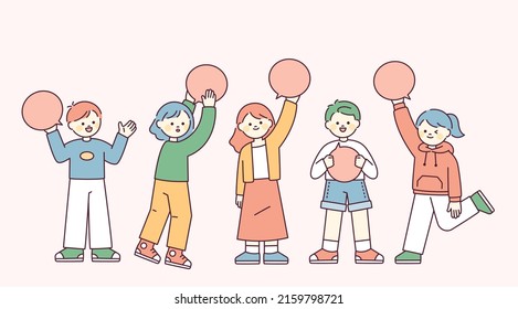 Cute children standing holding speech bubbles. outline simple vector illustration.